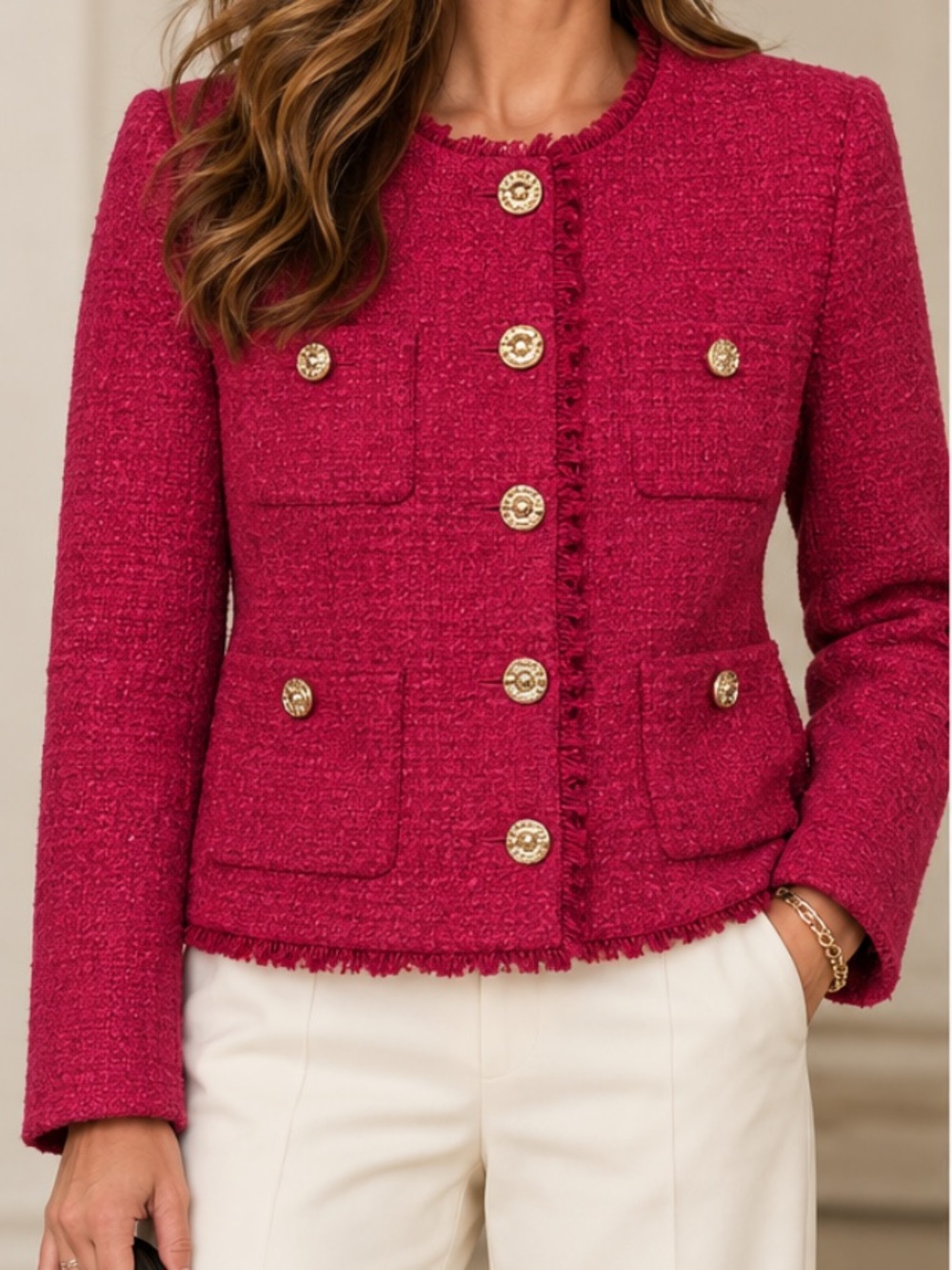 Tahari Fuchsia Pink Bouclé Tweed Jacket Gold Buttons Fringe Trim